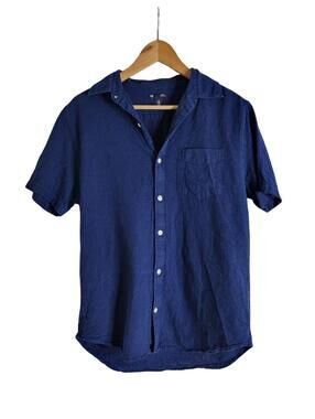 Gap Navy Blue Linen Blend Short Sleeve Button Down Shirt Size Medium